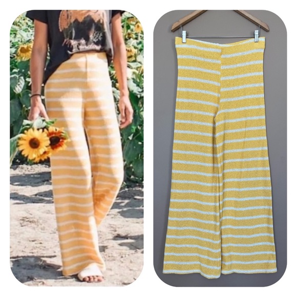 {ZARA} High Waist Striped Wide Leg Knit Pants in Yellow & White - Womens Large - Picture 1 of 8